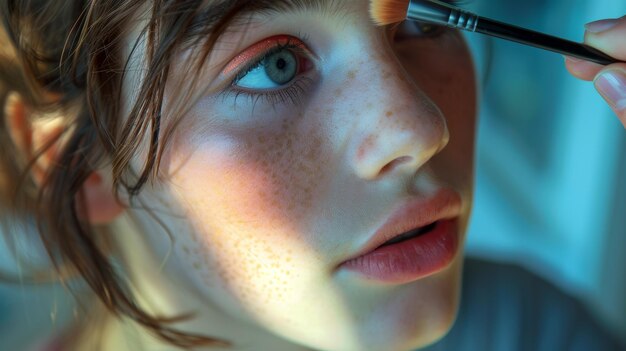 Portrait of a girl applying makeup on her face