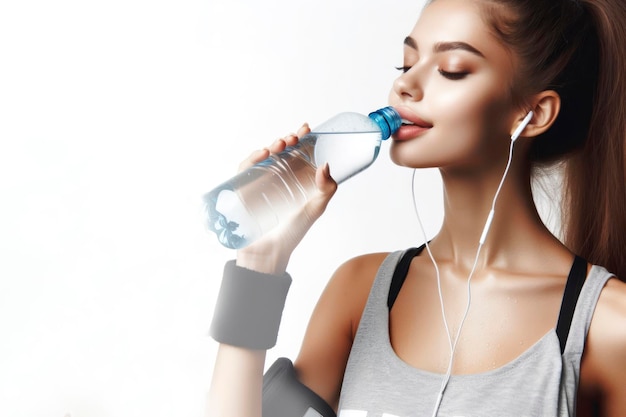 Portrait of a girl athlete who drinks water from a transparent bottle on white background copy space ai generative