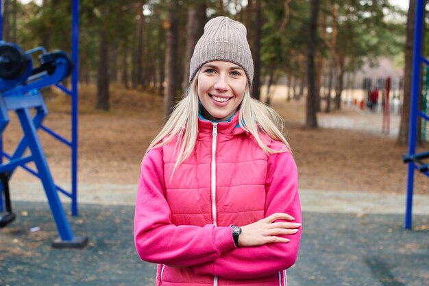 Portrait of a girl athletes on the outdoor Playground in the woods. A healthy lifestyle