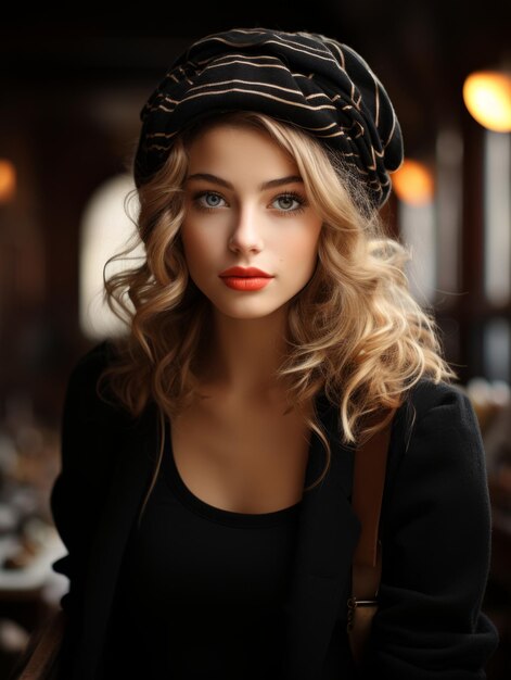 portrait of a girl in a beautiful headdress French style girl in a cafe fashion style