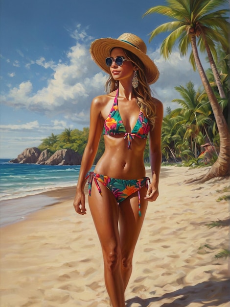 A portrait of a girl in a bikini basking in the warm sun on a tropical beach