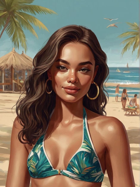 A portrait of a girl in a bikini basking in the warm sun on a tropical beach