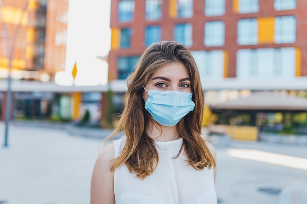 Portrait of girl in a disposable facial mask. young Businesswoman and coronavirus epidemic.