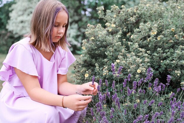 Portrait of a girl in a dress by a lavender bush in the garden on a hot summer day