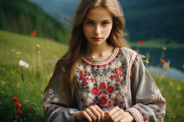 portrait of a girl in embroidery in the mountains