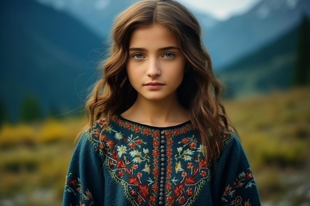 portrait of a girl in embroidery in the mountains