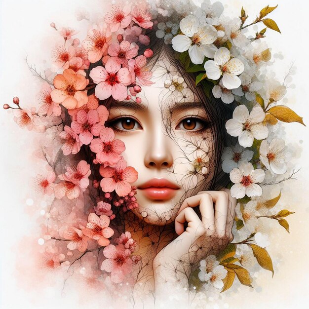 Portrait of girl face and flowers girl face and flowers hybrid flowers on girl face