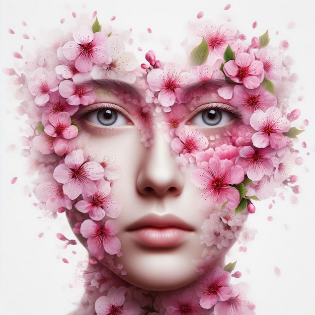 Foto ritratto di una ragazza con il viso e i fiori figlio di ragazza con i fiori fiori ibridi sul viso di una ragazza