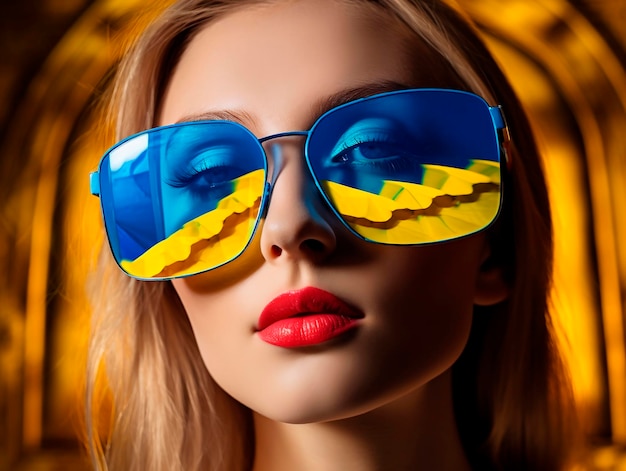 Portrait of a girl in glasses with a symbol of Ukraine