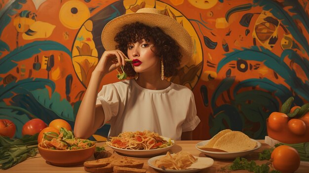 Photo portrait of a girl in a hat with a plate and a plate of salad