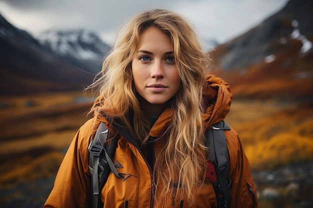 Portrait of a girl hiking in the mountains looking into the lens Generative AI