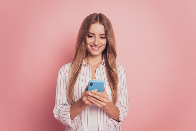 Portrait of girl hold telephone look screen