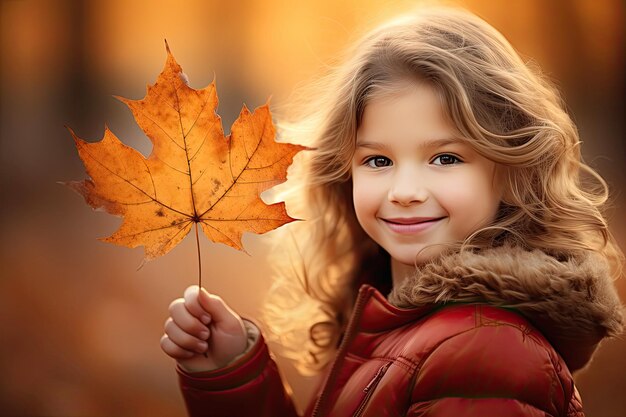 Portrait of a girl holding autumn maple leaf