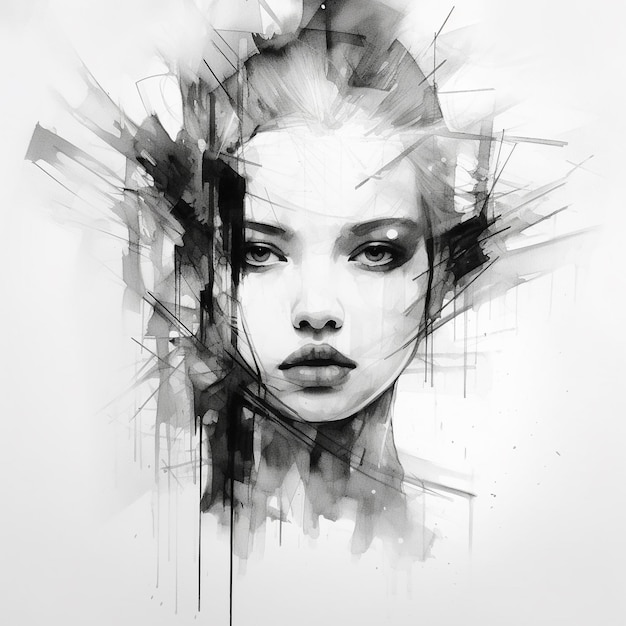 Portrait of a girl minimalistic watercolor black and white