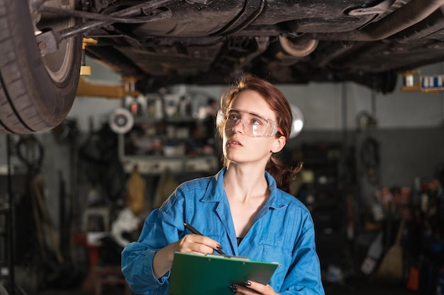 Portrait of a girl in overalls and glasses in a car repair shop Blue overalls on a woman car mechanic The concept of diagnostics and repair of machinesA specialist in a garage with a car