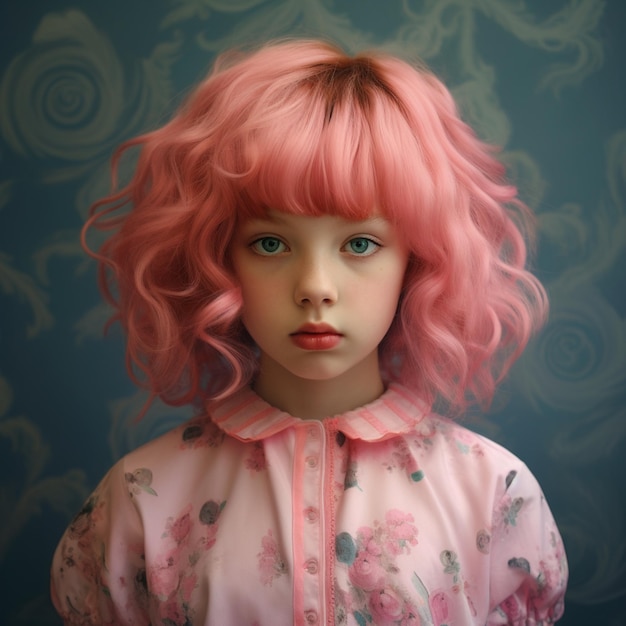 Portrait a girl in a pink short wig