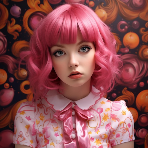 Portrait a girl in a pink short wig