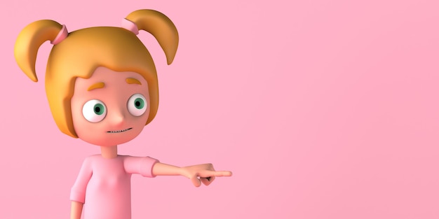 Portrait of girl pointing finger Copy space 3D illustration Cartoon