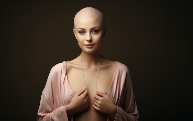 Foto ritratto di una ragazza in guarigione da cancro al seno su uno sfondo monocromatico