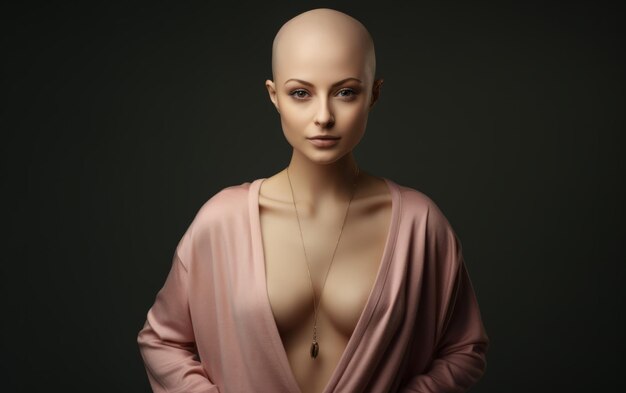 Photo portrait of a girl recovering from breast cancer on a monochrome background