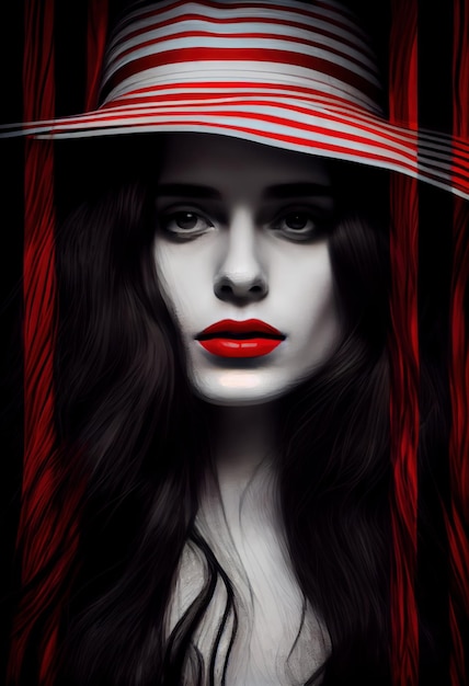 Портрет девушки в красной полосатой шапке Создан с помощью генеративной технологии искусственного интеллекта