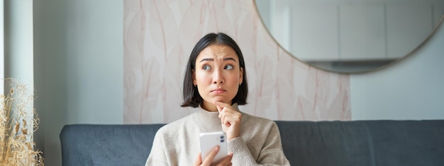 portrait of girl sitting on sofa with smartphone looking thoughtful and hesitant at mobile phone