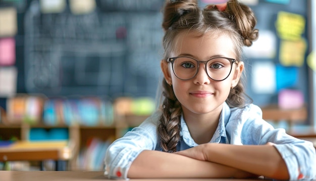 Portrait of girl student sitting classroom