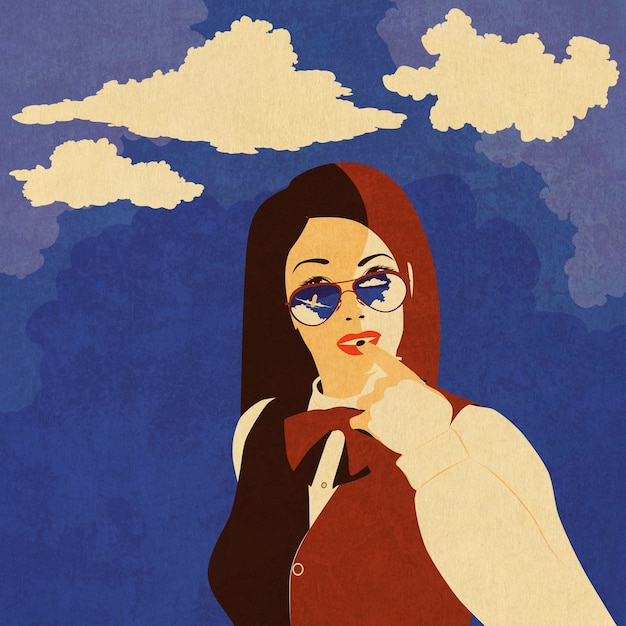 Portrait of a girl in sunglasses with reflective airplane and blue sky textured background.