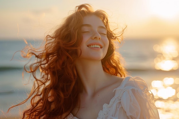 portrait of a girl at sunset against the backdrop of the sea