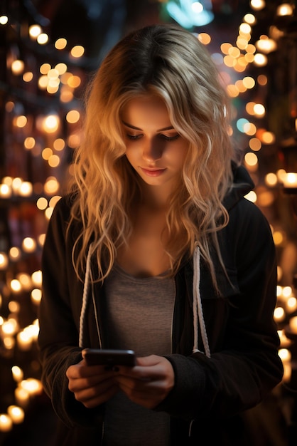 Foto ritratto di una ragazza circondata da luci fatate