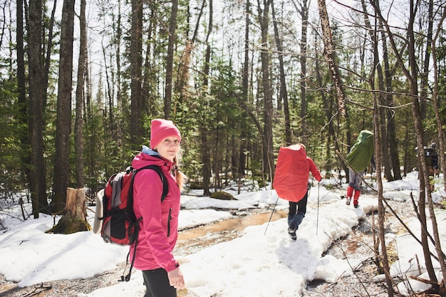 Portrait of a girl tourist in the woods