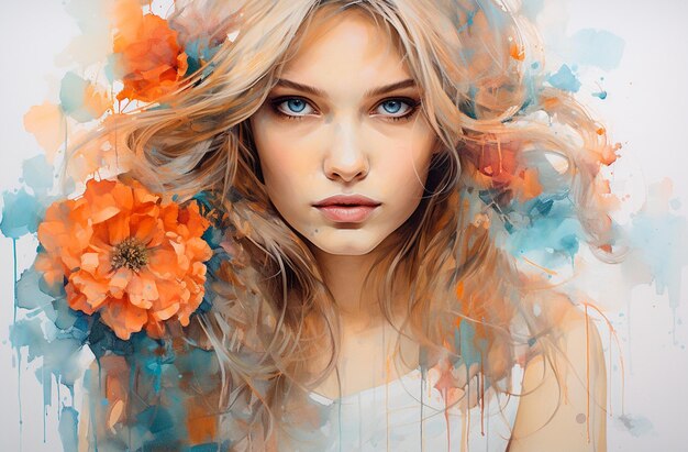 Portrait of a girl in watercolor paints on watercolor paper Beautiful fashion illustration