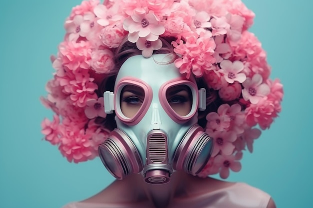 Portrait of a girl wearing a retro gas mask with flowers on her head on a blue background