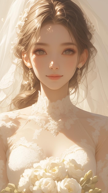 Portrait of a girl in a wedding dress holding a bouquet