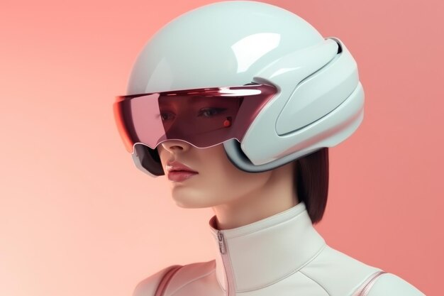 Portrait of a girl in white futuristic costume and helmet on pink background