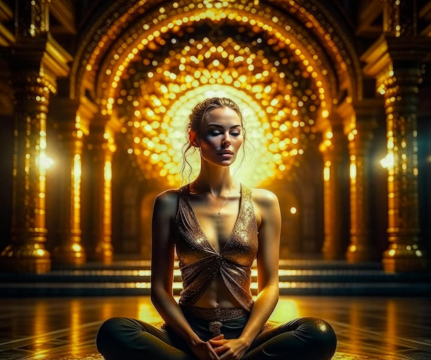 Portrait of a girl who sits in a pose of angry meditation Girl in shining lights