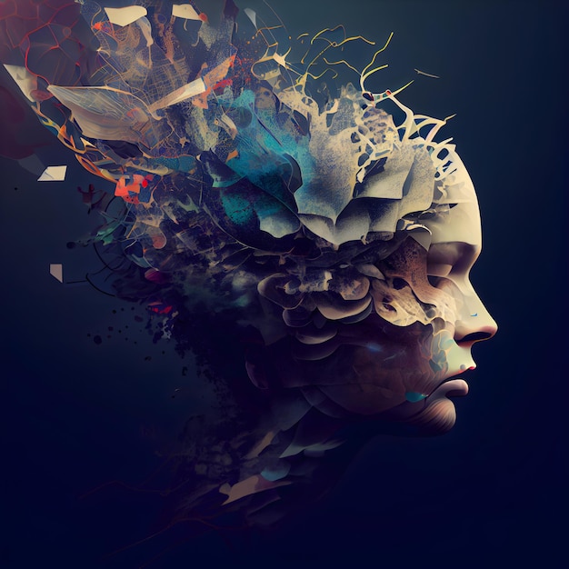 Portrait of a girl with an abstract brain made of leaves