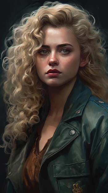 A portrait of a girl with blonde hair and a green jacket.