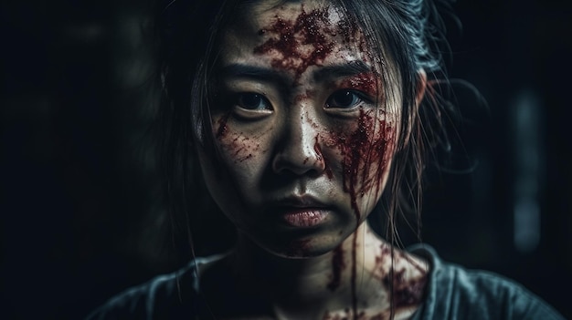 Portrait of a girl with blood on her face in a dark room