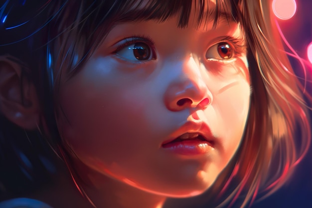 青い背景と彼女の顔に太陽が輝いている少女の肖像画。