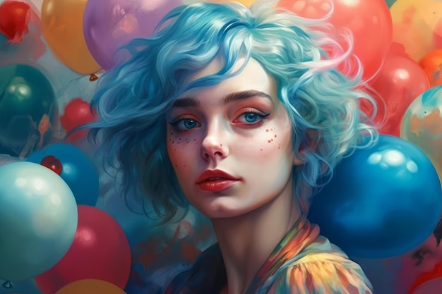 A portrait of a girl with blue hair and red eyes