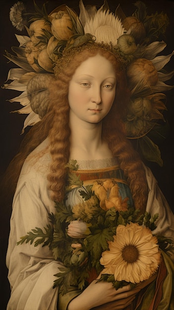 A portrait of a girl with a bouquet of flowers in her hair.