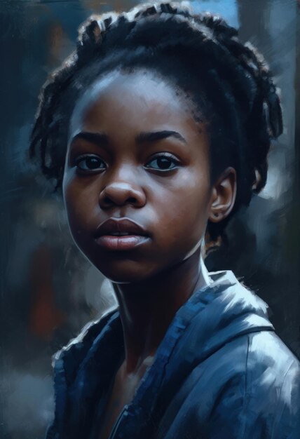 A portrait of a girl with braids and a blue jacket.