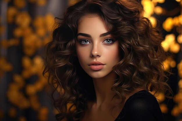 Portrait of a girl with brown curly hair against a background of blurred light garlands