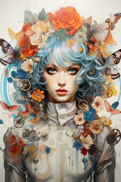 a portrait of a girl with butterflies and butterflies.