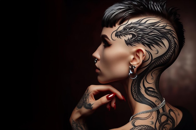 Portrait of a girl with cut hair and a dragon tattoo on her head goth