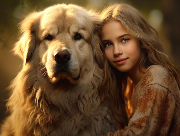 AI가 생성한 자연 속에서 강아지와 함께 있는 소녀의 초상화