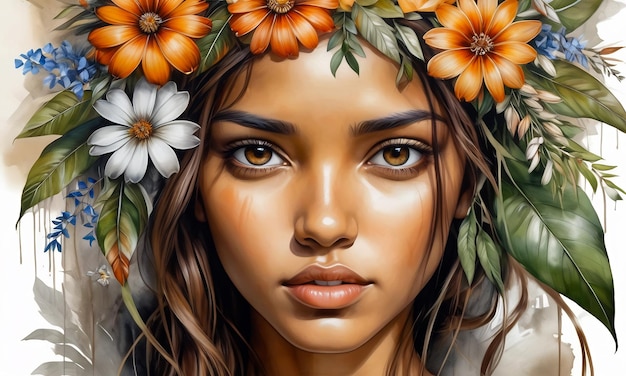 portrait girl with flowers watercolor background