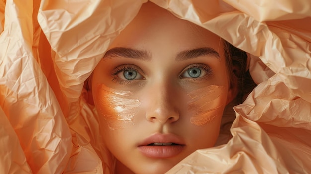 Портрет девушки с блестящей кожей и белым и золотым кремом на лице лицо и тело уход за красотой и здоровьем