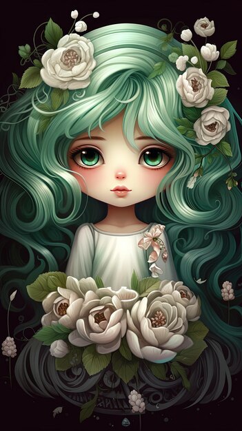 a portrait of a girl with a green hair and flowers